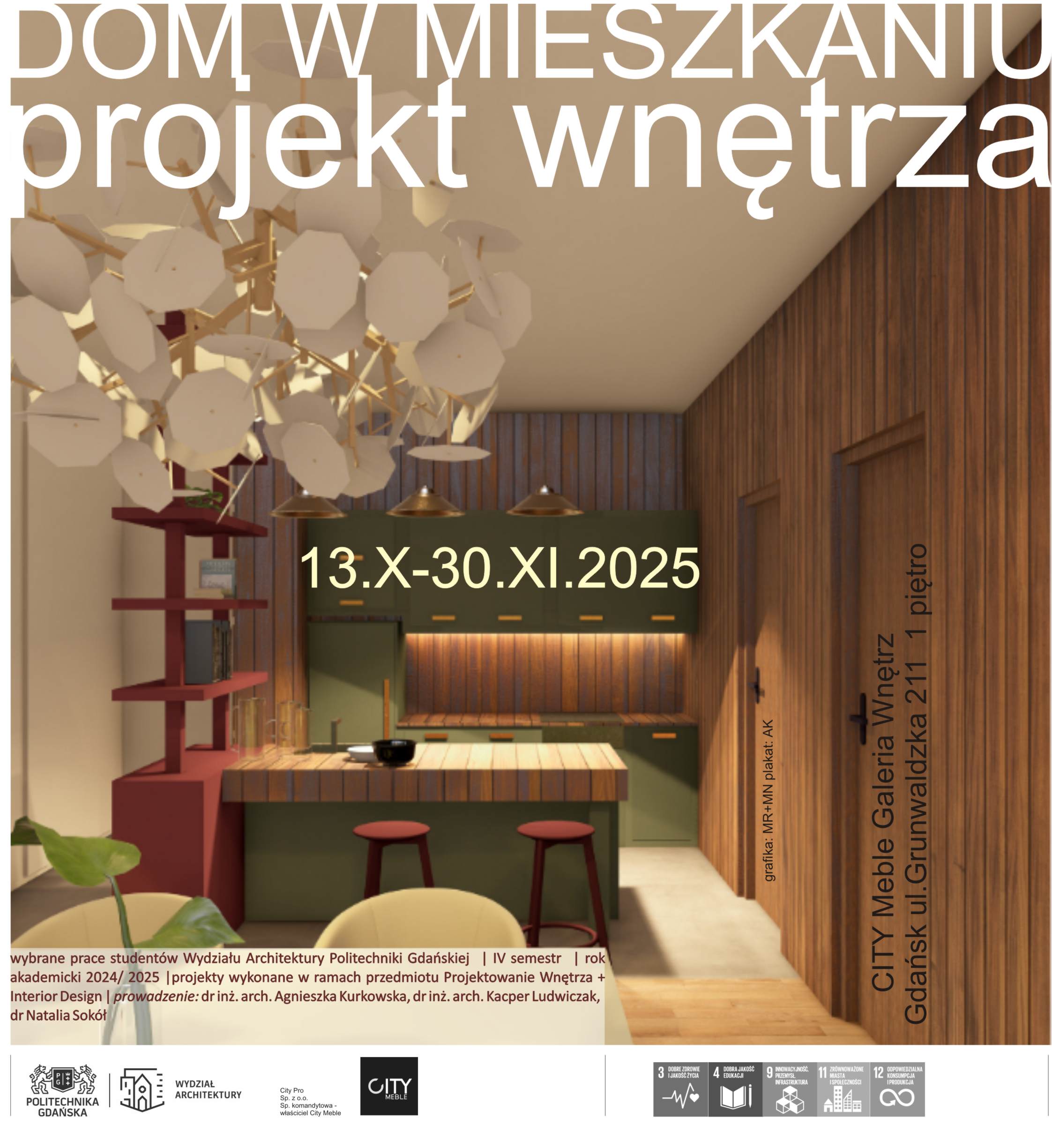 Dom w mieszkaniu - grafika informująca o wystawie, podczas której zaprezentowane zostaną wybrane projekty studenckie wykonane podczas zajęć z projektowania wnętrz