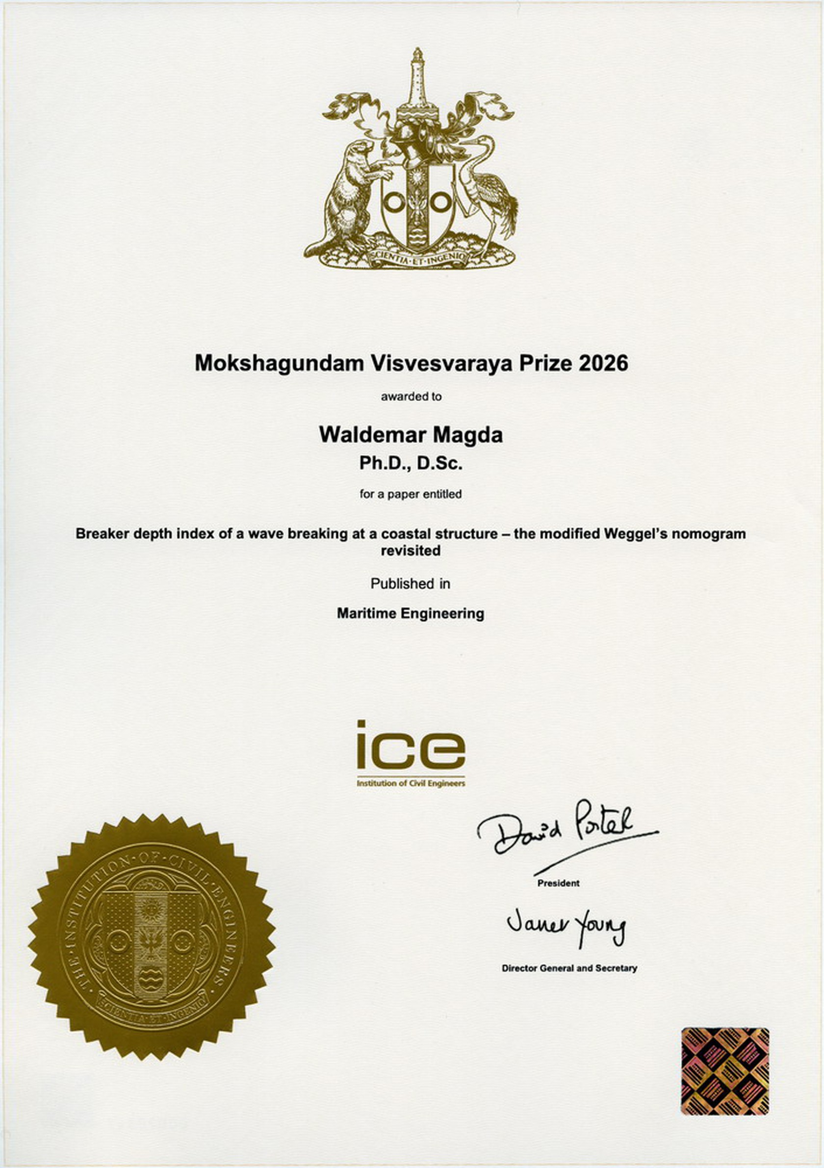 Dyplom potwierdzający przyznanie nagrody Sir Mokshagundam Visvesvaraya Prize