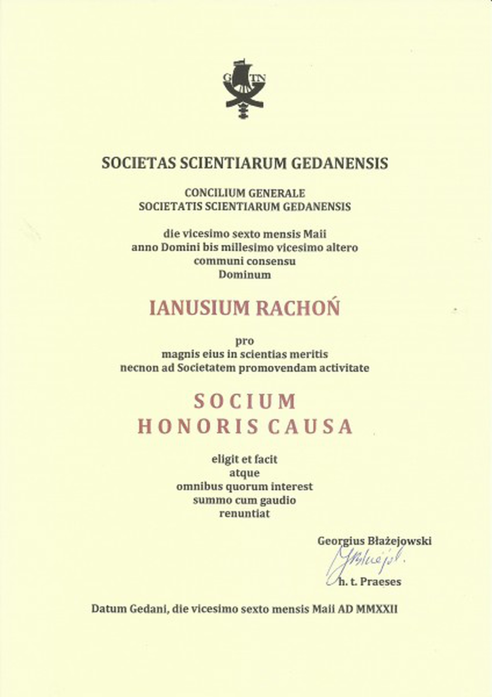 Dyplom prof. Rachonia