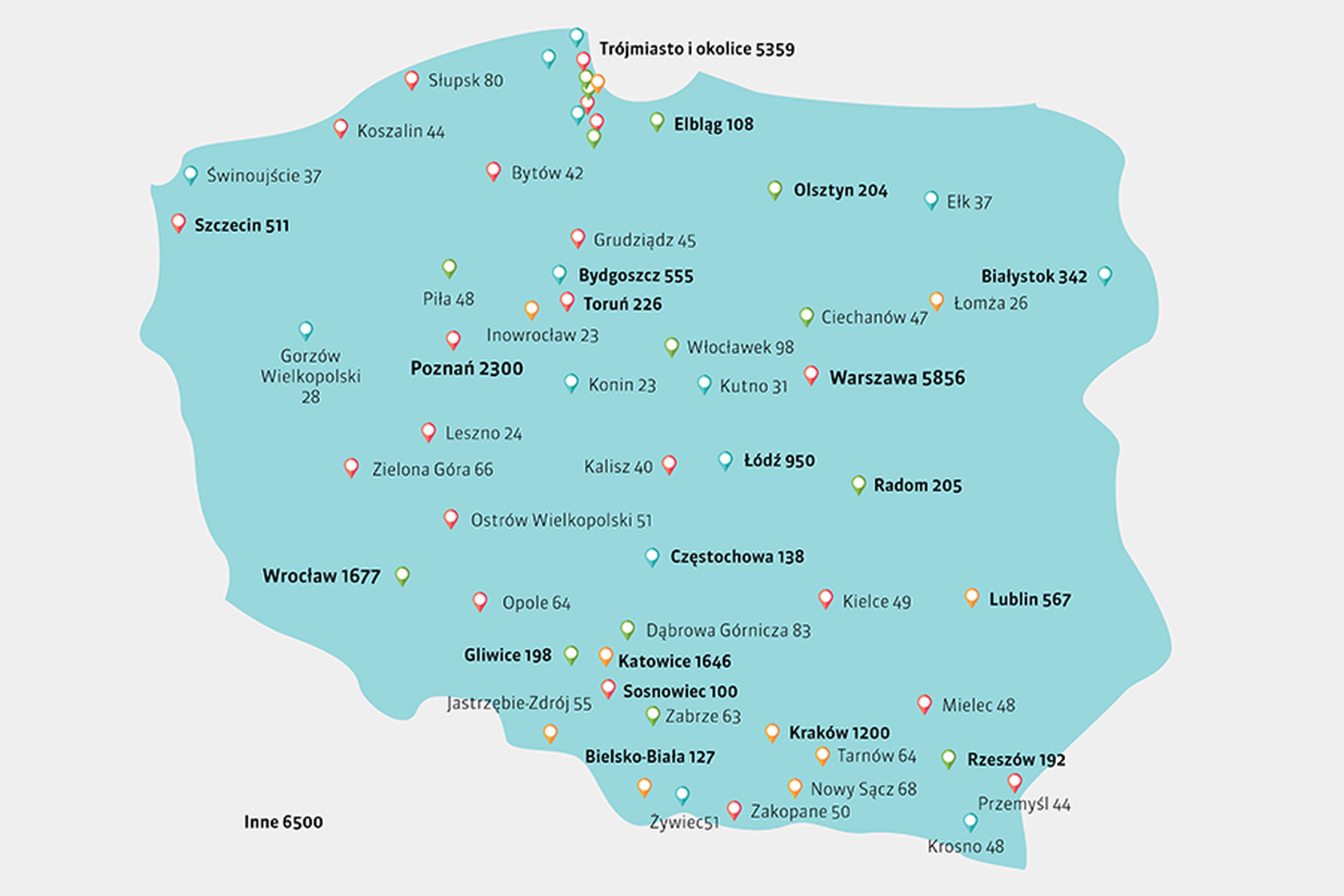 Mapa Polski z naniesionymi miastami, skąd łączyli się użytkownicy