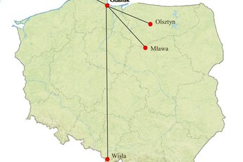 mapa Polski z zaznaczonymi kilkoma miastami