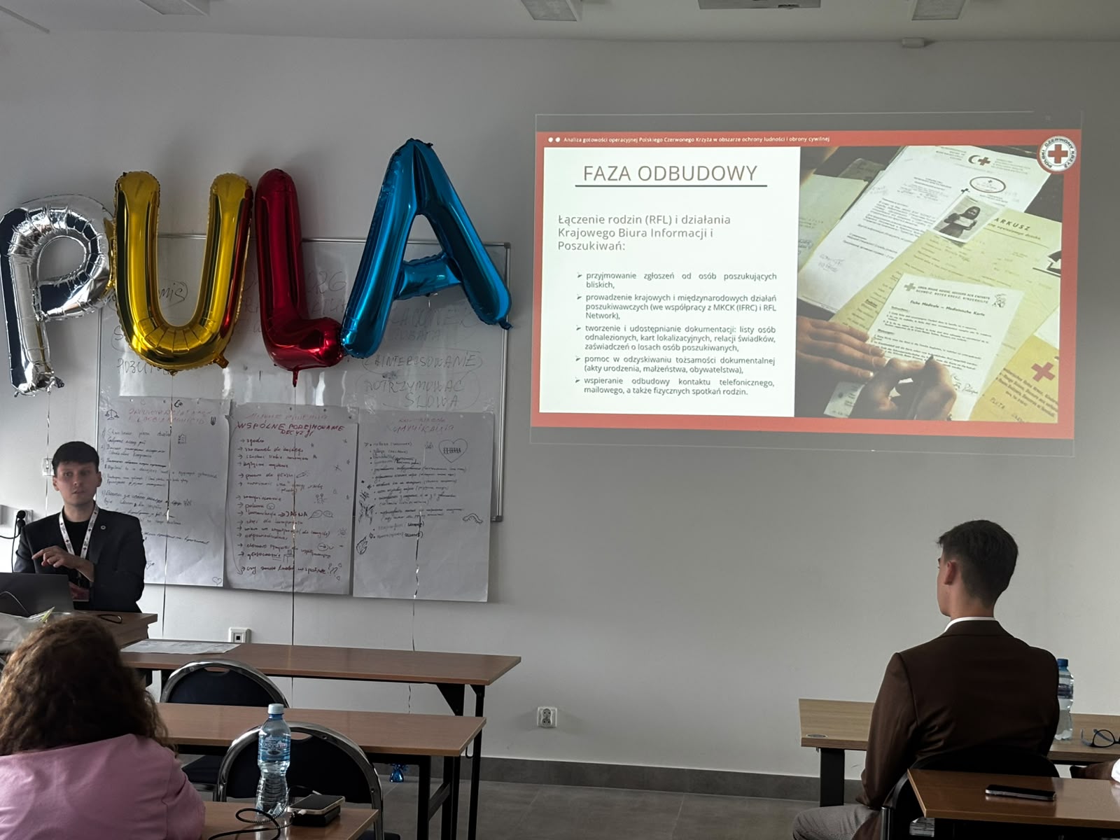 A photo of one of the slides from the presentation about the Polish Red Cross, the slide shows the Reconstruction Phase from the strategic division of the Polish Red Cross's activities.